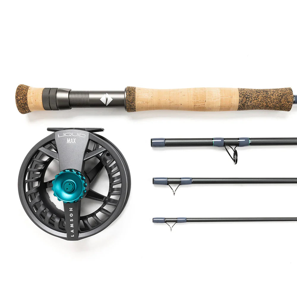 blade fishing rod and reel Lamson Liquid Max Fly & Outfit Combo and 5+1 MaxiDur double 8/0 J Hook - power fishing handle Size:SLX DC 150XG